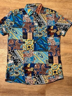ROMWE Men’s Small Patchwork Button Up Shirt Short Sleeve Boho Eclectic Grandpa